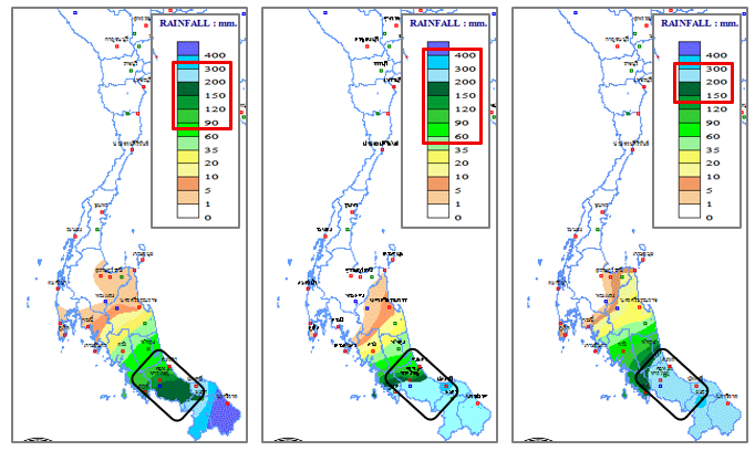 Daily rainfall (southern Thailand), from left: 18, 19, 20, 21 November
source; Thai Meteorological Department