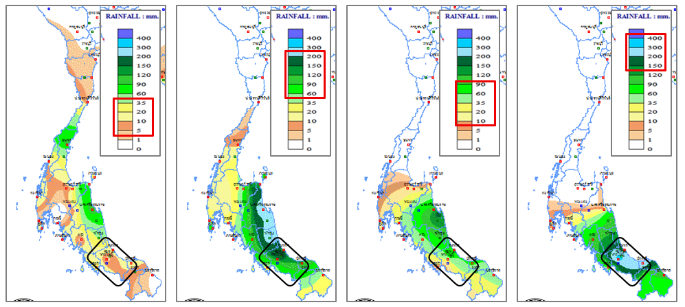 Daily rainfall amounts from November 18 to 24 are shown below. Significant heavy rainfall has been observed in southern Thailand since November 19. Across most of Songkhla Province, rainfall amounts of 200-300 mm were reported on November 21 and 24, and 300-400 mm on November 22.