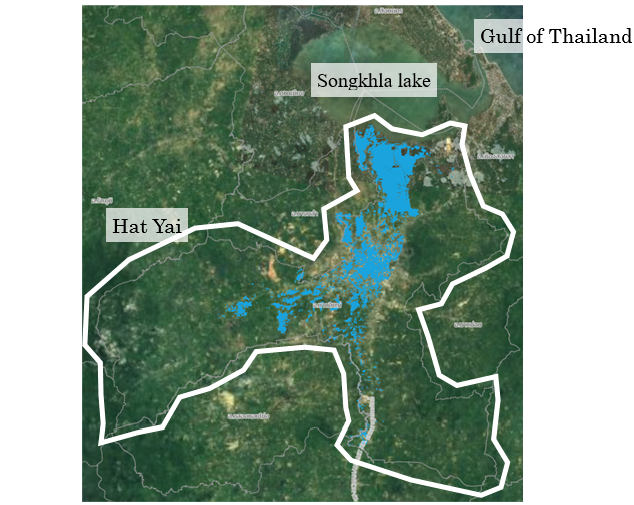 Estimated Flood and Water Damage Areas in Hat Yai District (Blue Sections) source: GISTDA, https://disaster.gistda.or.th/flood