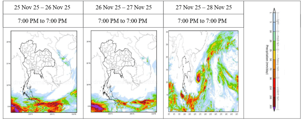 According to the Thai Meteorological Department (TMD)'s 7-day forecast for November 24 to 30, heavy rainfall is expected across southern Thailand during the first half of the period due to the influence of a low-pressure system and the northeast monsoon. While overall rainfall is expected to decrease in the latter half of the period, localized heavy rainfall is anticipated.
　The three-day forecast released on November 25 by the Smart Water Operation Center (SWOC), an agency under the Royal Irrigation Department (RID), also predicts heavy rainfall in southern Thailand and the Malay Peninsula due to a strong low-pressure system and the northeast monsoon. Caution is advised against heavy rain, flash floods, and lowland flooding.